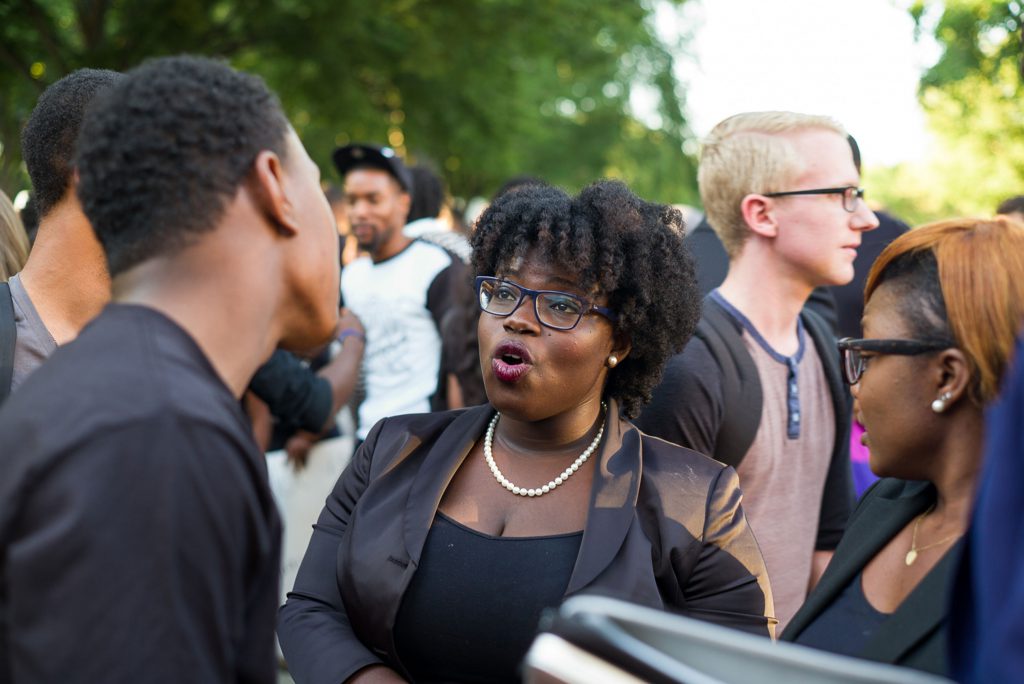 Representatives of the University's community gathered to address racially-charged tensions surrounding the discovery of and reaction to three "noose-like" items hanging from a tree on The Green. The discovery came less than 24 hours after students representing the "Black Lives Matter" movement protested a controversial speaker brought to campus by another student organization. Identified by Public Safety as string and wire remnants of paper lanterns, social media reactions and wide press attention highlighted racial issues affecting the UD community. - (Evan Krape / University of Delaware)